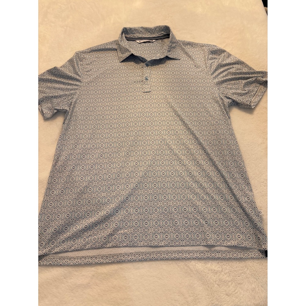 7 Diamonds Mens Large Blue Geometric Print Performance Short Sleeve Polo Shirt